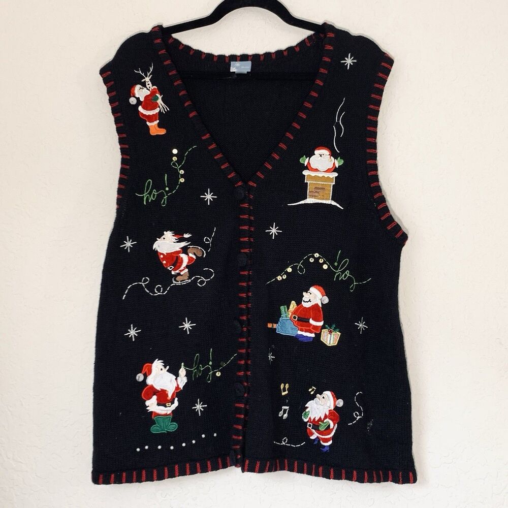 Vintage Holiday Sweater Vest Women XL Black Santa Embroidered Ugly Christmas